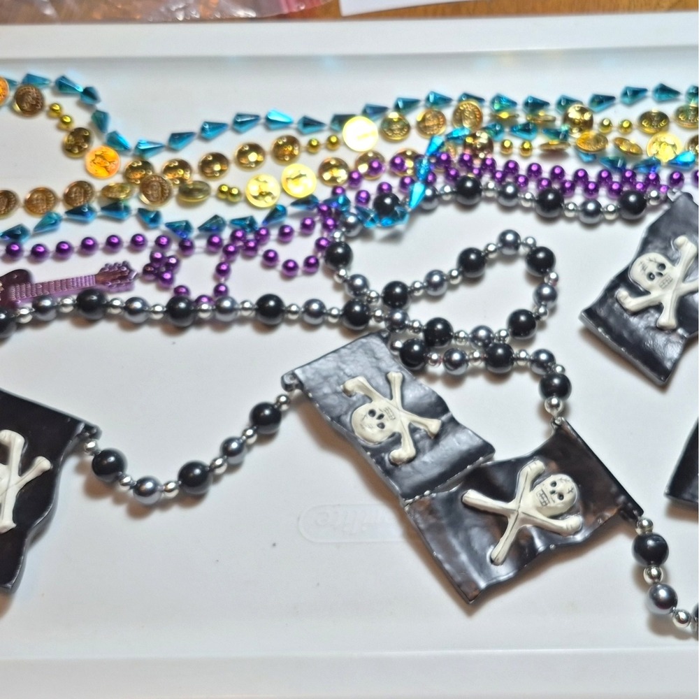 Lot of 4 strands Multicolor Beaded Ball Chain Necklaces Pirate Skull Halloween